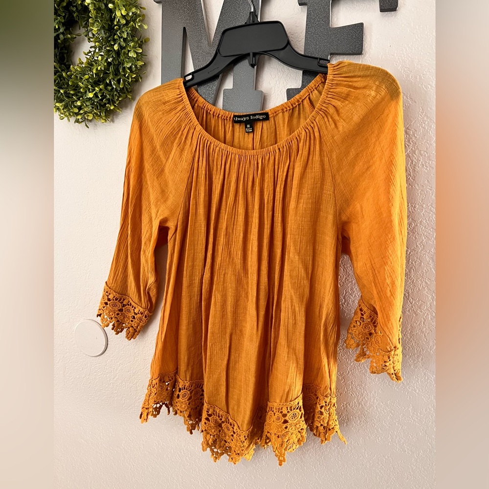 Always Indigo Women's Mustard Lace Trim Blouse